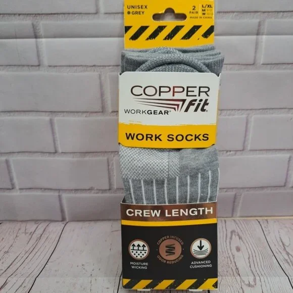 2 Pair Copper Fit Crew Length Work Socks Size L/XL (M 9-12 W 10-13) Grey Socks - Picture 1 of 8